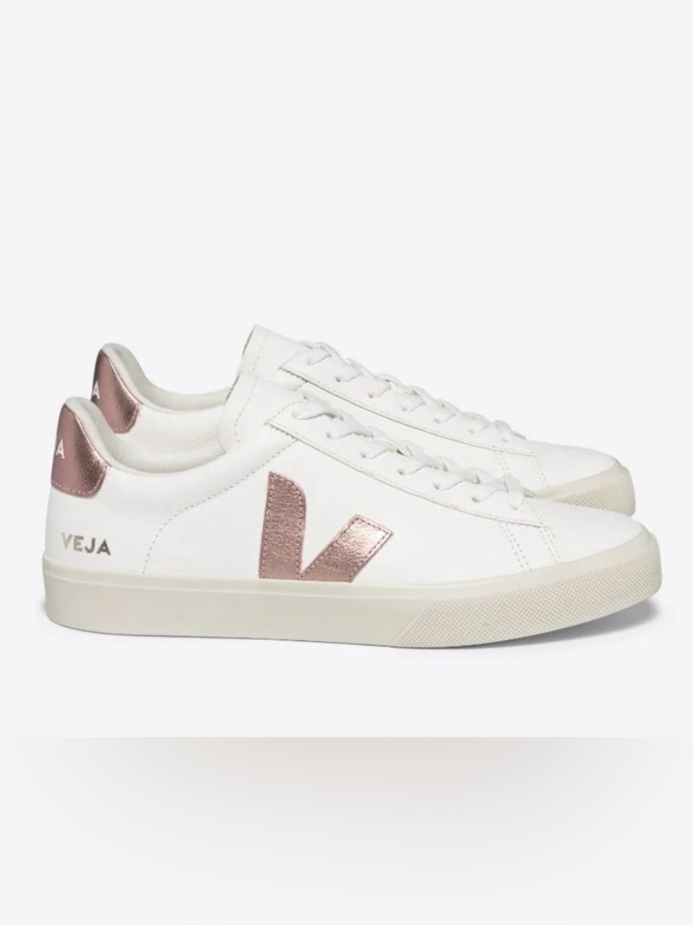 Veja White Leather Sneakers with Metallic Rose V